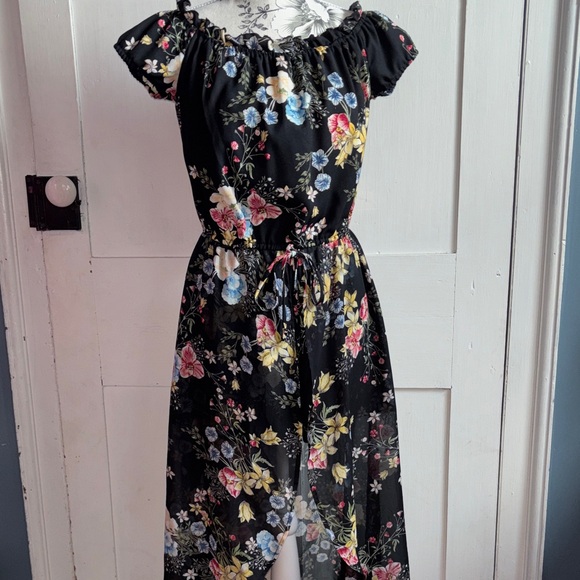 BeBop Dresses & Skirts - BeBop Black Floral Off Shoulder Ruffle High Low Jumpsuit Size Jr Medium